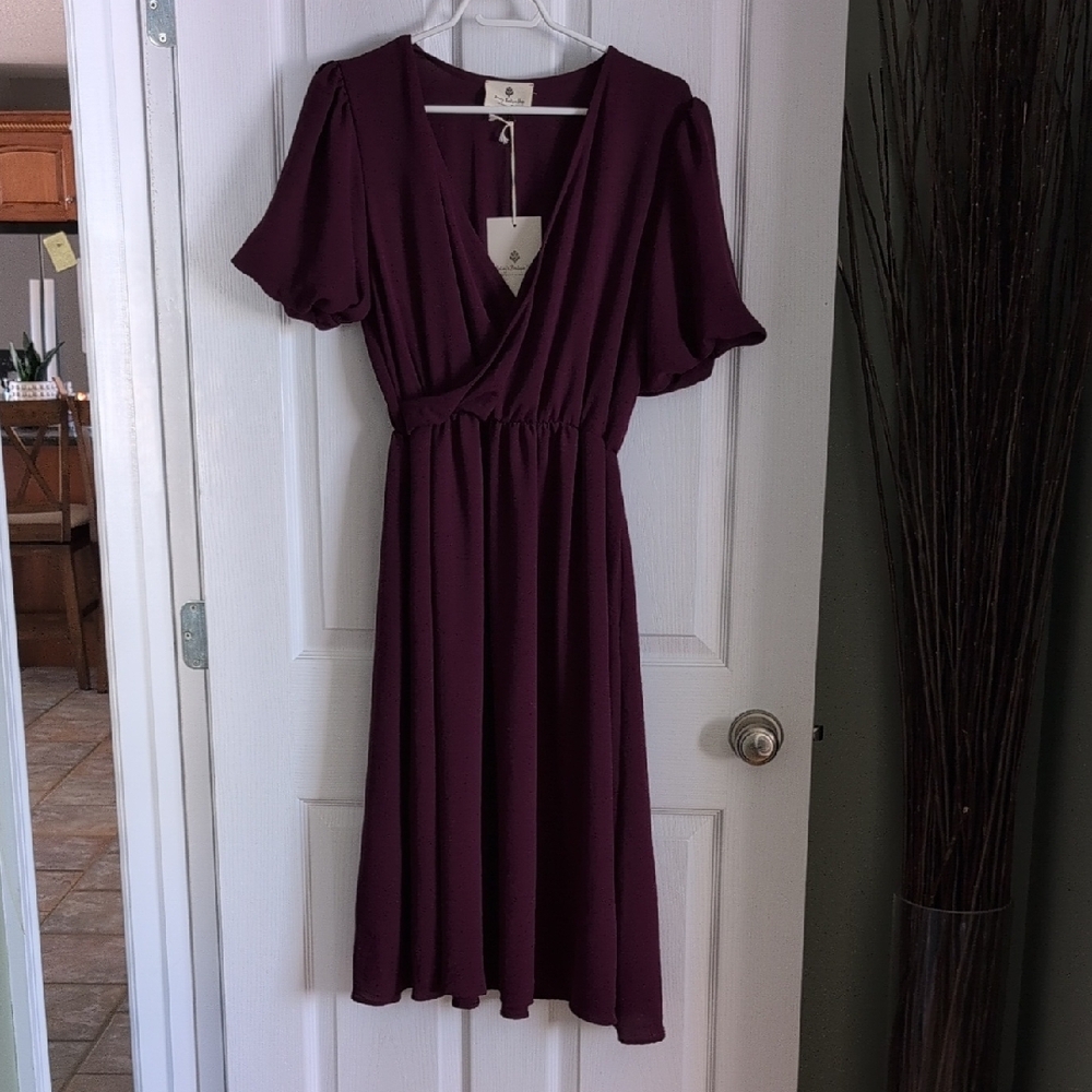 Purple Flare Midi Dress with Flutter Sleeves